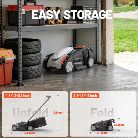 Cordless Electric Lawn Mower With Brushless Motor, 14 Inch Cutting Width, stored compactly in a garage, foldable design