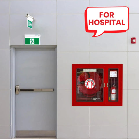 Set Of 15 Durable Vinyl Fire Extinguisher Inside Signs, 3x3 Inch, UV Resistant installed near hospital exit door