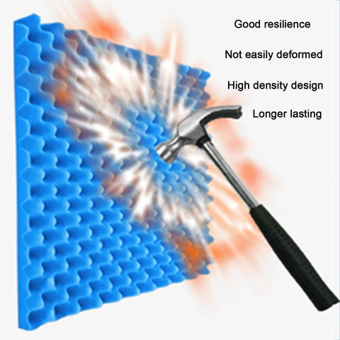 Self Adhesive Acoustic Panels For Walls, Heavy Duty Egg Crate Soundproofing Foam, shown being struck with a hammer, blue color.