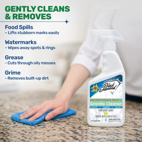 Person cleaning with Biobased Granite Countertop Cleaner For Food Prep Areas, Safe On Granite, Marble, Quartz, USDA Certified