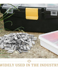 Heavy-Duty Steel Strapping Clips With Iron Buckles 1Kg Pack For Packaging And Strap Fixing on a surface next to toolboxes