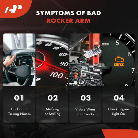 Symptoms of bad rocker arm with dashboard warning lights and car diagnostics images.