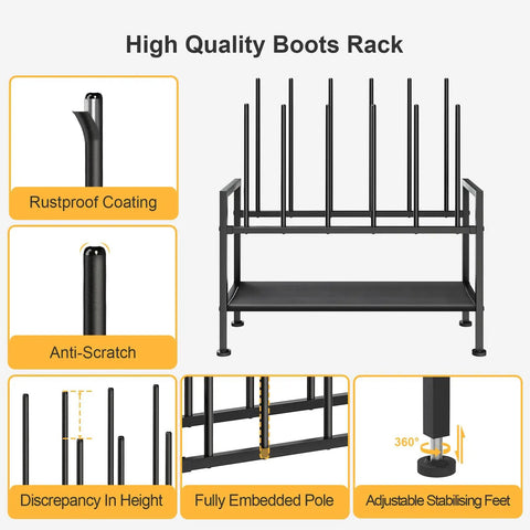 Free Standing Boot Rack With Upside Down Design, Heavy Duty Black Metal Shoe Organizer For Knee High Boots And Sneakers, detailed views of features like rustproof coating.
