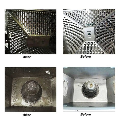 Powerful High Temperature Steam Cleaner with High Pressure Jet showing before and after cleaning of kitchen surfaces and equipment.