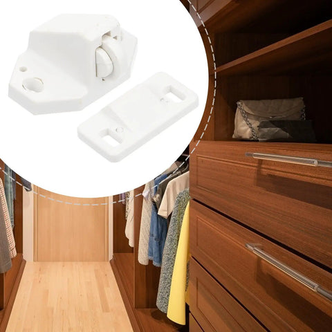 Built To Last Plastic Ball Catch Door Latch Set For Wood And Screen Doors in white color in a wardrobe setting