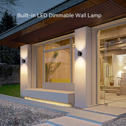 Modern house with Outdoor Black Wall Sconce Light Up Down 7W LED Dimmable Exterior Wall Fixture IP65 Waterproof Aluminum Cylinder