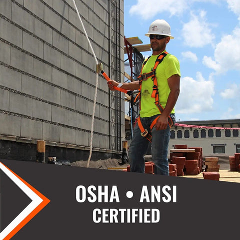 Man in ANSI certified harness using No Sweat 50 Foot Vertical Lifeline Rig for roofing work.