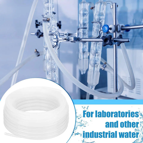 100 Ft White Translucent Polyethylene Tubing Food Grade Water And Beverage Hose For Pumps DIY Homebrew And Beer Brewing Projects 1/2 In OD, 3/8 In ID, 1/16 In Wall shown coiled next to a laboratory setup.