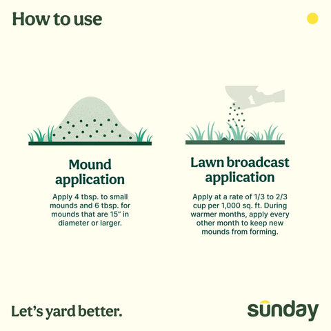 Instruction for using Fast Fire Ant And Harvester Ant Killer Granules outdoors, showing mound and lawn application methods.