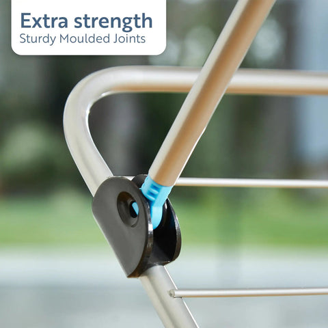 Close-up of sturdy moulded joints on Rock Solid Three Tier Clothes Drying Rack With Foldable Setup For Indoors Or Outdoors Heavy Duty Steel Frame.