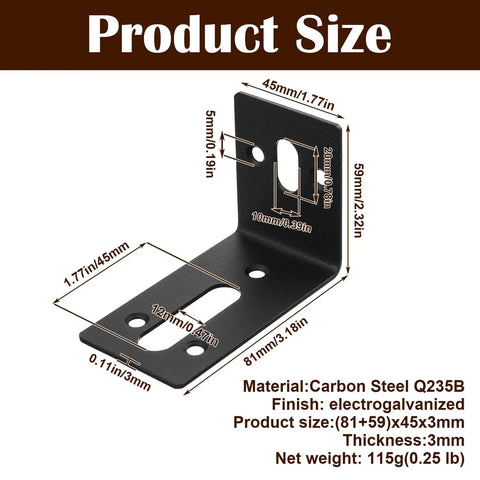 Rock Solid Ten Pack Black Slotted L Brackets For Furniture Adjustable Corner Supports Heavy Duty Metal Right Angle Braces with dimensions.