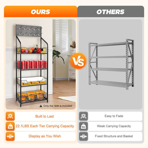 Four Tier Metal Wire Display Rack And Snack Candy Organizer With Ten Hooks Smooth Rolling Wheels and Rock Solid Design For Top Shelf Retail Setup, black with snacks.