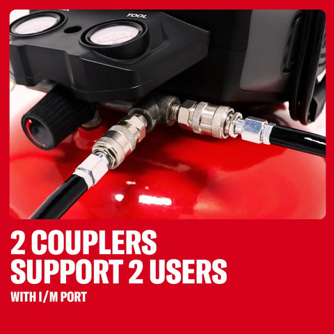Close-up of couplers on Craftsman 6 Gal Pancake Air Compressor With Oil-Free Tank Generating A Punchy 150 Psi for dual user support.