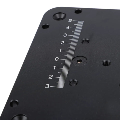 Close-up of Heavy Duty Router Lift Platform Built Solid From Aluminum For Slick Manual Crank Tweaks and precise depth measurement scale.