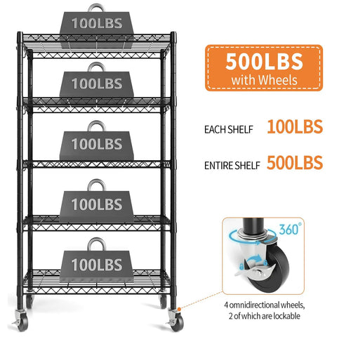 Heavy Duty 5 Tier Wire Shelving Unit With Beefy Rolling Casters Adjustable Black Metal Storage Rack NSF Certified 1900 Lbs Capacity 36 By 14 By 72 Inches showing 500 lbs capacity with 100 lbs per shelf and wheels.