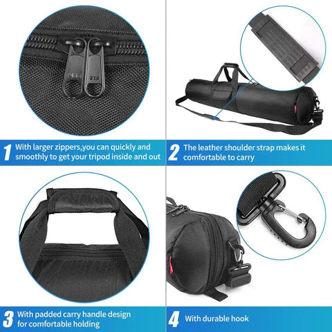 Heavy Duty Tripod Carry Case With All Around Thick Padding Locks Your Gear In Tight Up To 39 Inches Portable Shock Absorbing Hauling Sack showing zipper, shoulder strap, and handle.