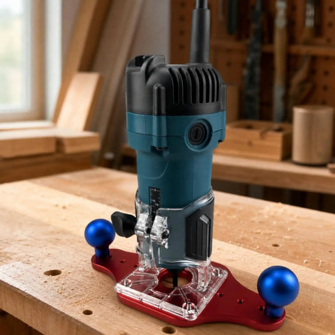 Heavy Duty Trimming Machine Bottom Plate For Woodcraft with blue handles on a wooden workbench.