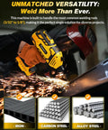 Ultra Portable 110V Handheld Stick Welder With IGBT Inverter in use on metal surface, showing versatility with iron and steel materials.