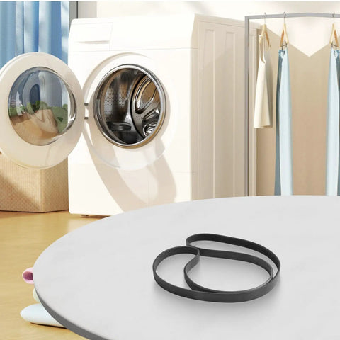 Premium Black Rubber Washing Machine Belt Fits 6EPJ1274 Models on a table, shown in a laundry room setting.