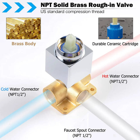 Waterfall Wall Mount Tub Faucet In Brass With Chrome Finish showing brass body and ceramic cartridge with NPT connections.