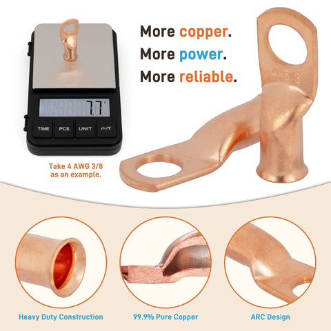 Heavy Duty 2 Gauge To Five Sixteenth Inch Copper Lug Ring Terminals Kit With Ten Connectors And Red Black Dual Wall Heat Shrink Tubing For Battery Cables Premium Annealed Electrolytic Copper Lugs, 4 AWG 3/8 shown