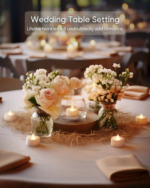 Bulk 100 LED Tea Lights Battery Operated Flameless Tealights With Realistic Flicker on wedding table setting with flowers