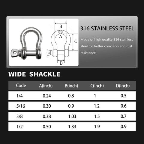 Diagram and size chart of 316 Stainless Steel D Ring Shackles Marine Grade Heavy Duty Clevis Anchor Shackle Kit With Screw Pin One Quarter Inch And Five Sixteenth Inch