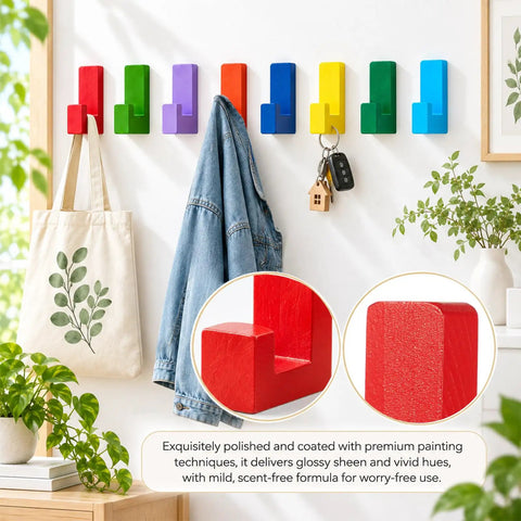 Fresh Rainbow Wooden L Shaped Wall Hooks Eight Pack With Adhesive Pads And Screws Vibrant Multicolor Storage Rack For Kitchen Or Entryway Pretty Sweet Finish Totally Rad Quality in use displaying jackets and keys.