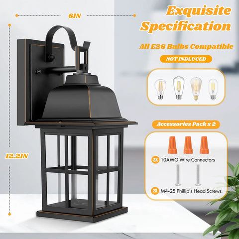 Two Pack Outdoor Wall Sconces With Solid Aluminum Oil Rubbed Bronze Finish, showing wall mount, grid glass design, bulb socket details