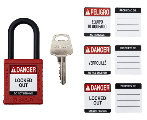 Top Shelf Safety Lockout Tagout Padlock Set Six Pack Of OSHA Compliant Nylon Locks With Key Retaining Brass Core And Smooth Operator Finish For Serious Jobsite Hustle featuring red padlock, key, and safety tags.