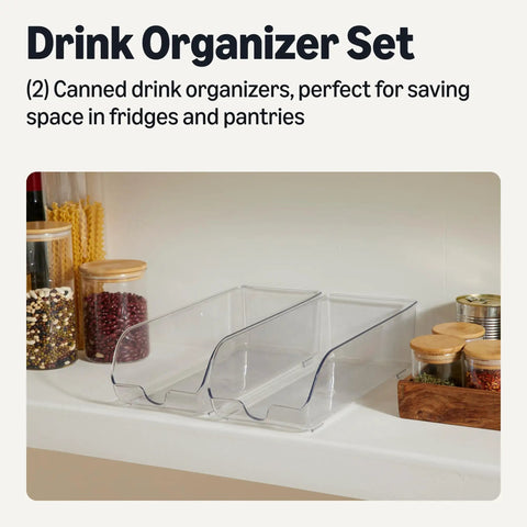 Clear Two Pack Can Organizer For Fridge Pantry Keeps Your Soda And Sparkling Water Stash Legit Organized With This Self Dispensing Beverage Rack Holding Nine Cans Per Section total kitchen helper on a countertop.