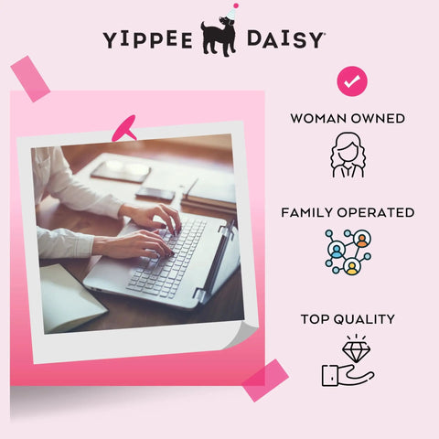 Person typing on a laptop, emphasizing Yippee Daisy's woman-owned and family-operated business values, top quality highlighted