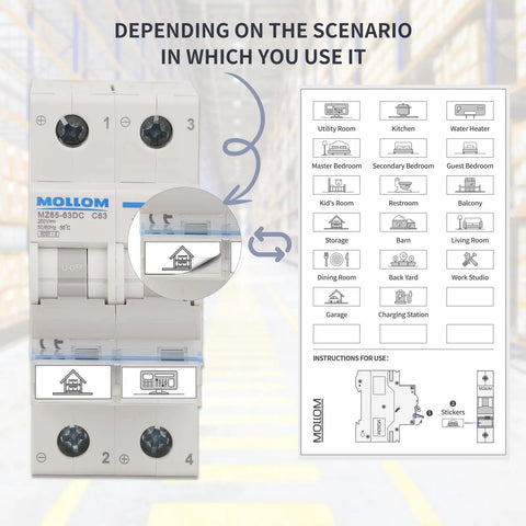 Solar Panel Disconnect Switch Gear Kit 400V 60A IP65 Breaker Box with 2P DC Miniature Circuit Breaker and installation scenarios.