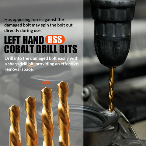Close-up of left hand HSS cobalt drill bits in use, part of the 35-Piece Left Hand Drill Bits And Screw Extractor Kit for bolt fixes.