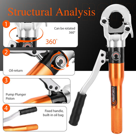 Heavy Duty Hydraulic Pipe Crimping Tool With 1/2 3/4 And 1 Inch Jaws For Copper Tube Fittings, 360-degree rotating handle