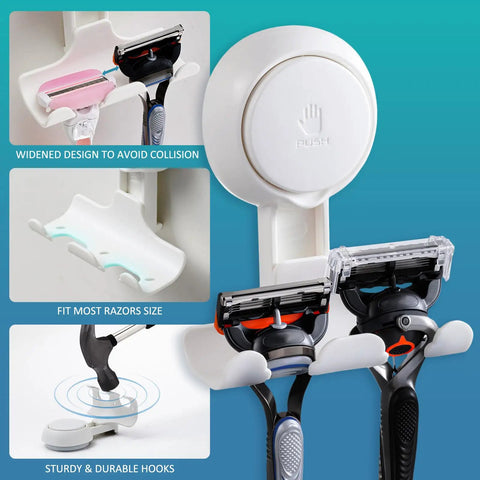 Two Pack Suction Cup Razor Holder For Shower And Bathroom Organizer No Drill Easy Install Strong Suction Wall Hooks For Razor Towel Loofah Shaver Soap White showing drainage holes and dual razor capacity.