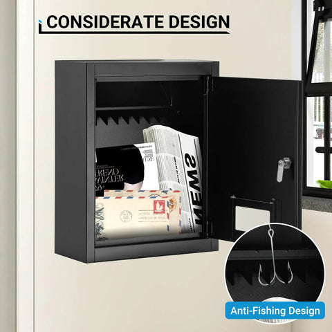 Open Wall Mount Drop Box with Combination Lock, showing anti-fishing design and mail slot, for secure deposits in home office.