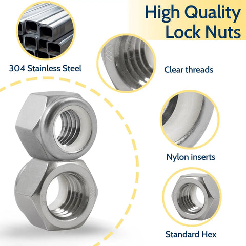 High-Quality 120 Pack Of 8-32 Inch Threaded 304 Stainless Steel Nylon Insert Lock Nuts with clear threads and standard hex design.