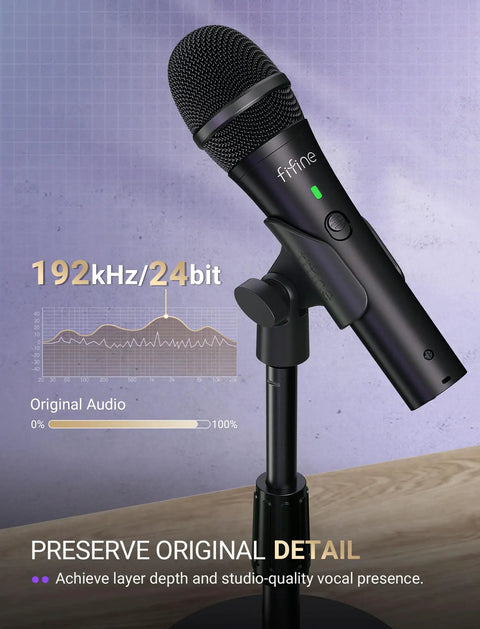 Dual USB And XLR Dynamic Desk Mic For Podcasts With Mute Button And Adjustable Stand Windscreen on tabletop