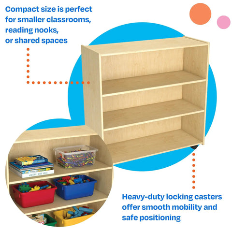 Slick Rolling Storage Rack With Adjustable Shelves And Heavy Duty Locking Casters showing compact mobile storage with colorful bins.