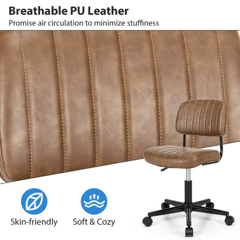 Slick Armless Desk Chair With Easy Glide Wheels, Top Tier PU Leather Task Seat with breathable leather and low back cushioning.