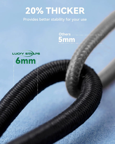 Close-up of 6mm diameter black bungee cord compared to 5mm, highlighting thickness for Mini Bungee Cord Set With 20 Pcs Assorted Sizes.