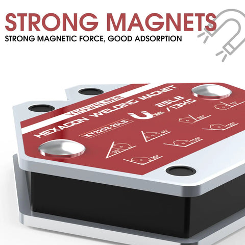 Close-up of hexagon welding magnet showing angles and 25 lb holding power for Hexagon Welding Magnets Set With 25 Lb Holding Power Each, 4 Pack Magnetic Welding Holders