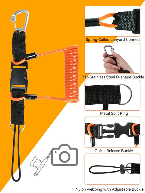 Heavy Duty Scuba Diving Lanyard With Clip, stainless steel spring coiled orange lanyard, beefy nylon webbing, swivel snap hook features