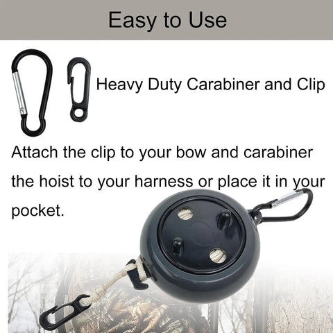 Retractable Bow Hoist For Tree Stand, 33Ft Heavy Duty Bow Pull Up Rope, carabiner clip and retractable mechanism displayed