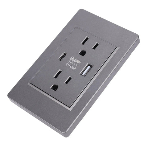 Game On Wall Outlet With Dual Usb And Type C Ports Delivers 15 Amp Fireproof Safety showing a gray wall plate with charging ports.