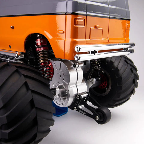 80mm RC Oil Filled Shock Absorber Kit for One Tenth Scale Crawlers mounted on off-road vehicle, grey aluminum bodies visible
