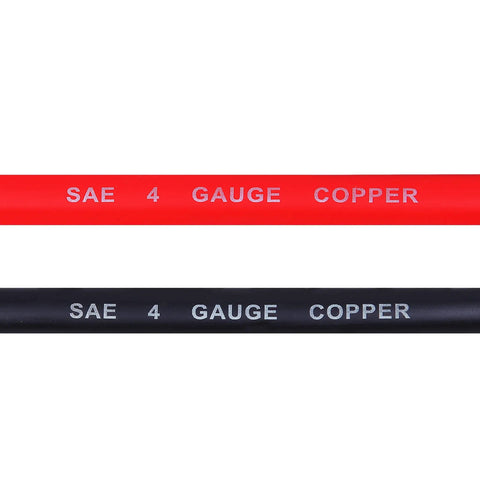 Top Tier 4 Awg Battery Cable Set 18 Inch flexible red and black wires marked SAE 4 GAUGE COPPER, ideal for automotive use.