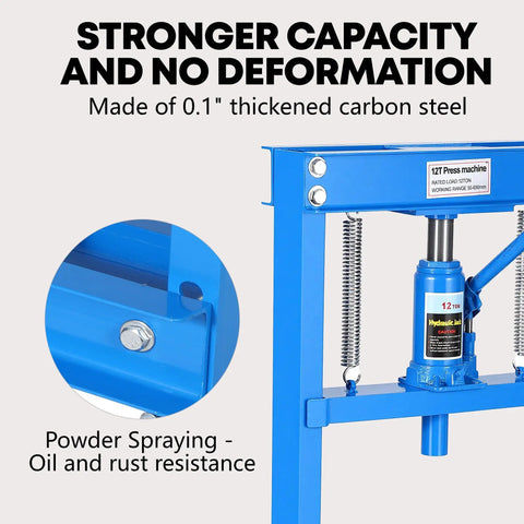 Top Shelf Heavy Duty Hydraulic H Frame Shop Press 12 Ton Knockout Power with thickened carbon steel construction.