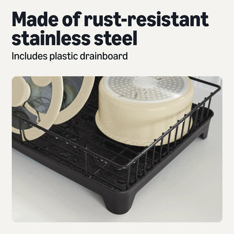 Sleek Stainless Steel Dish Drying Rack Kitchen Counter Organizer Rust Resistant Space Saver With Drain Board Rotatable Spout Easy Peasy Cleanup Fits 10 Pieces For Your Nifty Spot Black with dishes and drainboard.